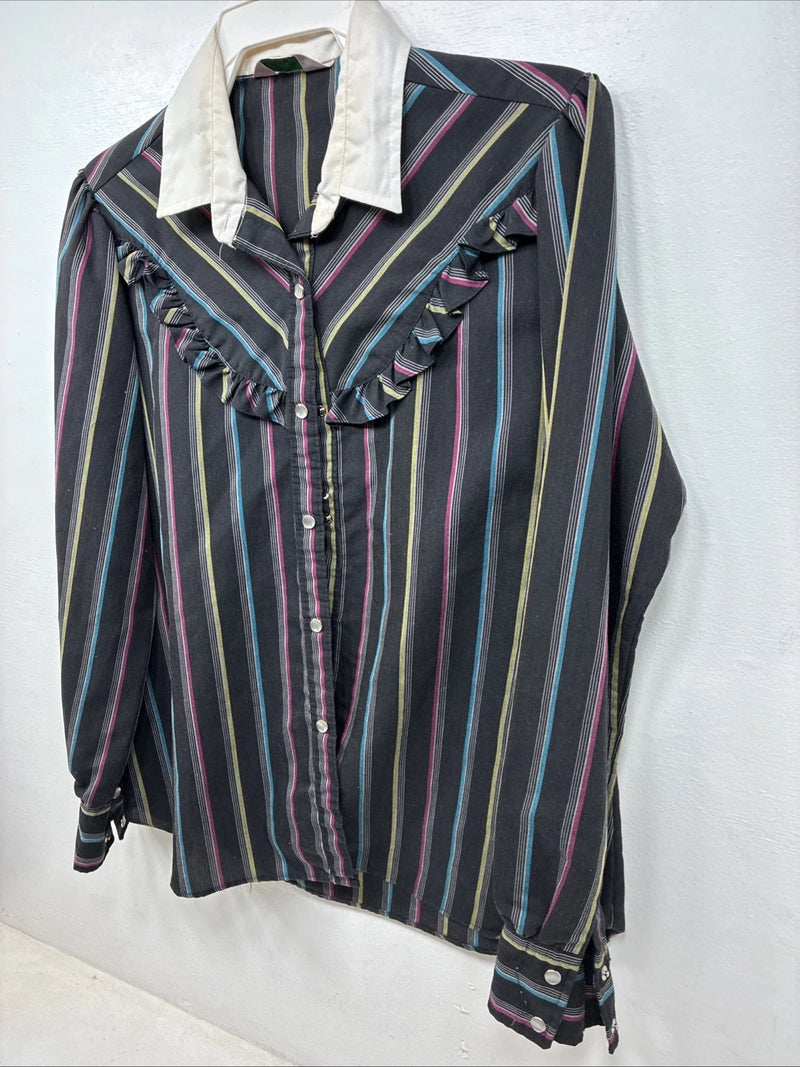 New Women’s H Bar C Black Stripe Long Sleeve Pearl Snap Size 38 TT-71