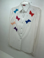 New Women’s White And Colored H Bar C Long Sleeve Button Up Shirt M 3B-87