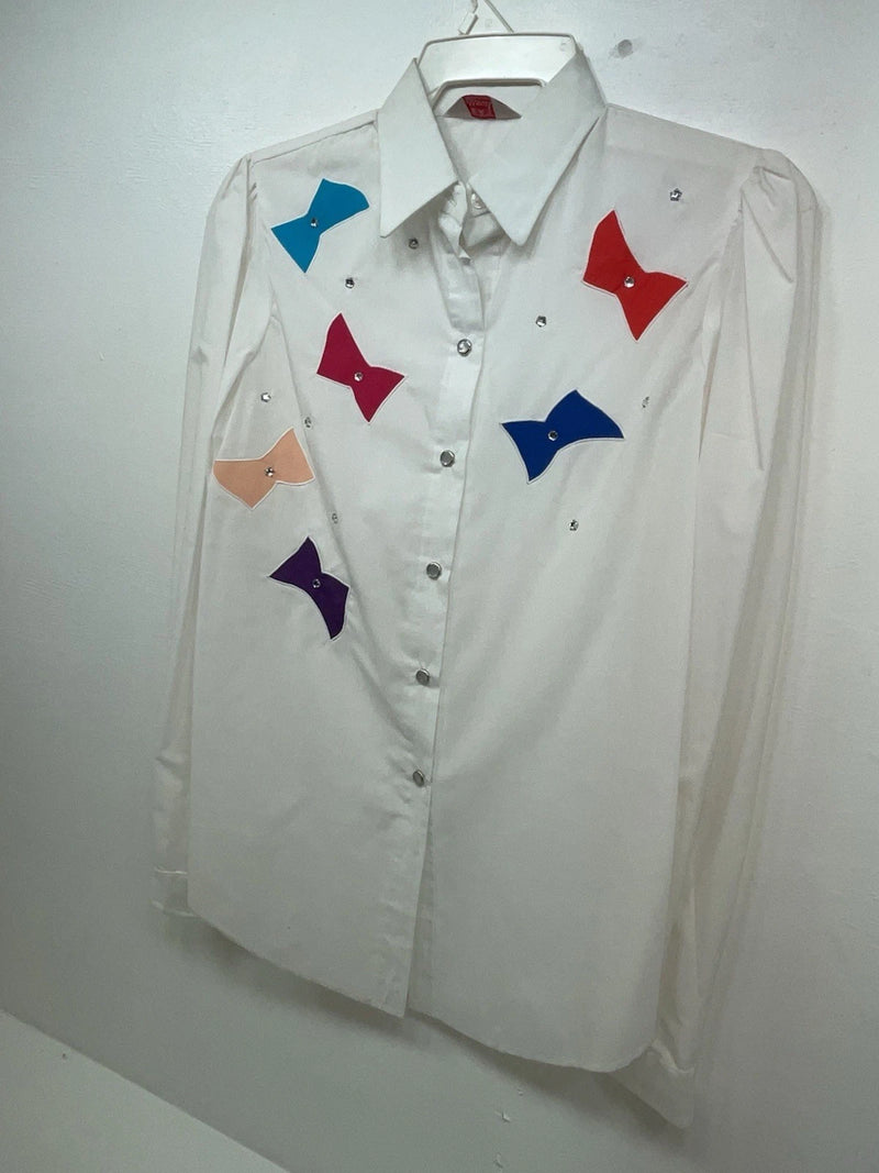 New Women’s White And Colored H Bar C Long Sleeve Button Up Shirt M 3B-87