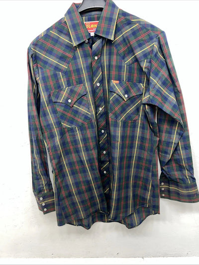 New Men’s Green Plaid Pearl Snap ELY plains Long Sleeve Shirt. 15.5x33 M I-49