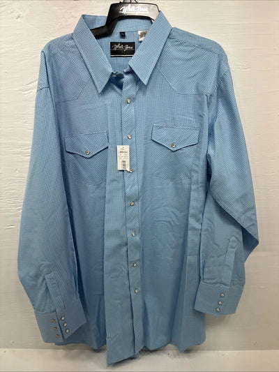 New Men’s White Horse Blue Checkered Long Sleeve Pearl Snap 2XL H-28