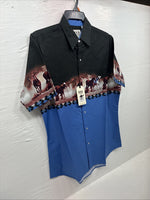 New Men’s ELY Cattleman Blue Black Horse Design Short Sleeve Pearl Snap Med J-96