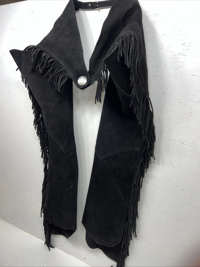 NOS Black Show Chaps With Fringe Adjustable Waist 41” N-21