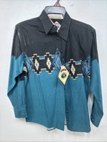 New Women’s Cumberland Blue Black Design Long Sleeve Button Up Medium YY-65