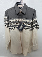 New Men’s Brooks & Dunn Tan Gray Design Long Sleeve Pearl Snap 16.5 Large V-25