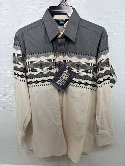 New Men’s Brooks & Dunn Tan Gray Design Long Sleeve Pearl Snap 16.5 Large V-25