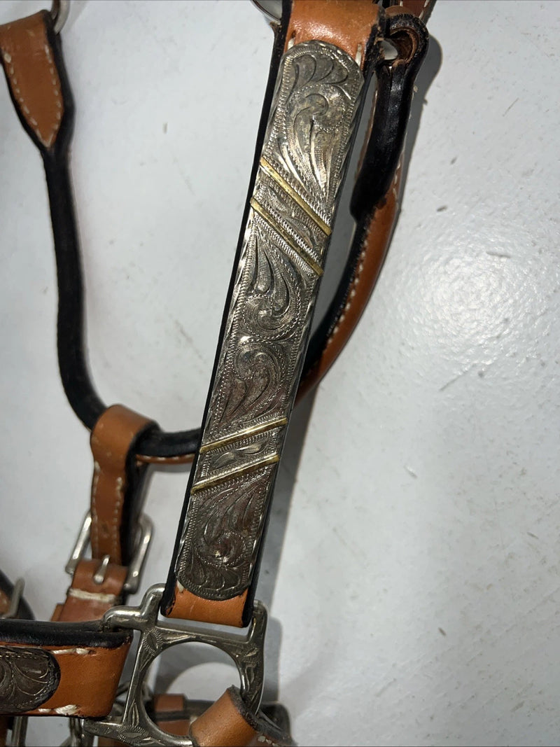 New Light Oil Genuine Leather Show Halter With Lead Rope Silver Accents W-22