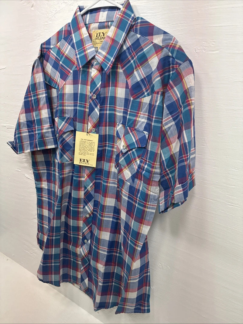 New Men’s ELY Cattleman Purple Multicolor Plaid Short Sleeve Pearl Snap XL R-54