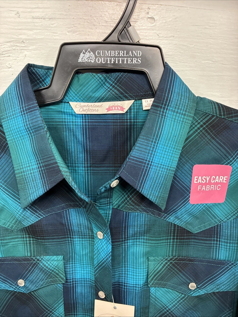 New Women’s Cumberland Blue Plaid Long Sleeve Pearl Snap 1XL Plus DD-16