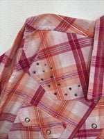 New Women’s Cumberland Pink Orange Plaid Long Sleeve Pearl Snap Large II-106