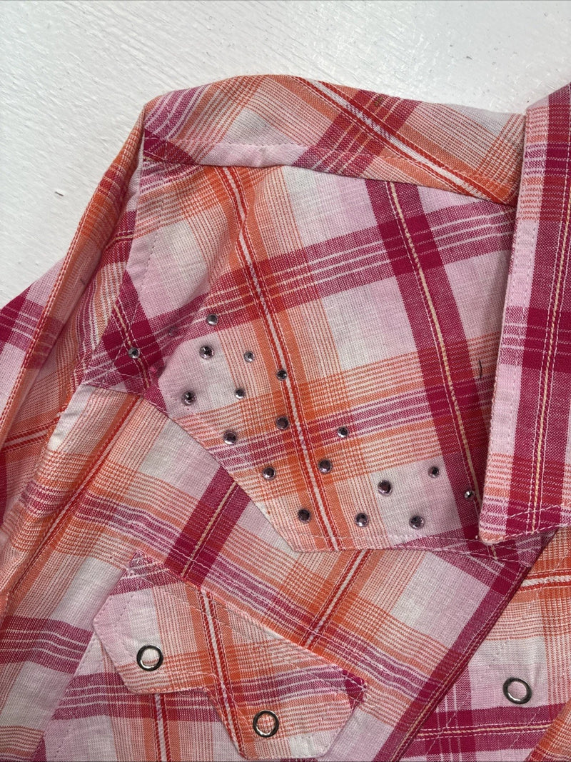 New Women’s Cumberland Pink Orange Plaid Long Sleeve Pearl Snap Large II-106