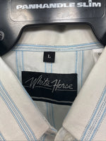 New Women’s White Horse White Blue Stripe Long Sleeve Pearl Snap Large GG-72