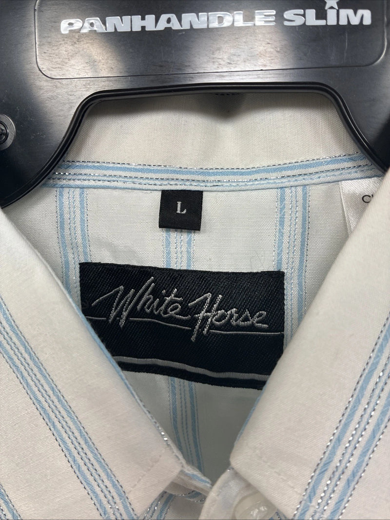 New Women’s White Horse White Blue Stripe Long Sleeve Pearl Snap Large GG-72