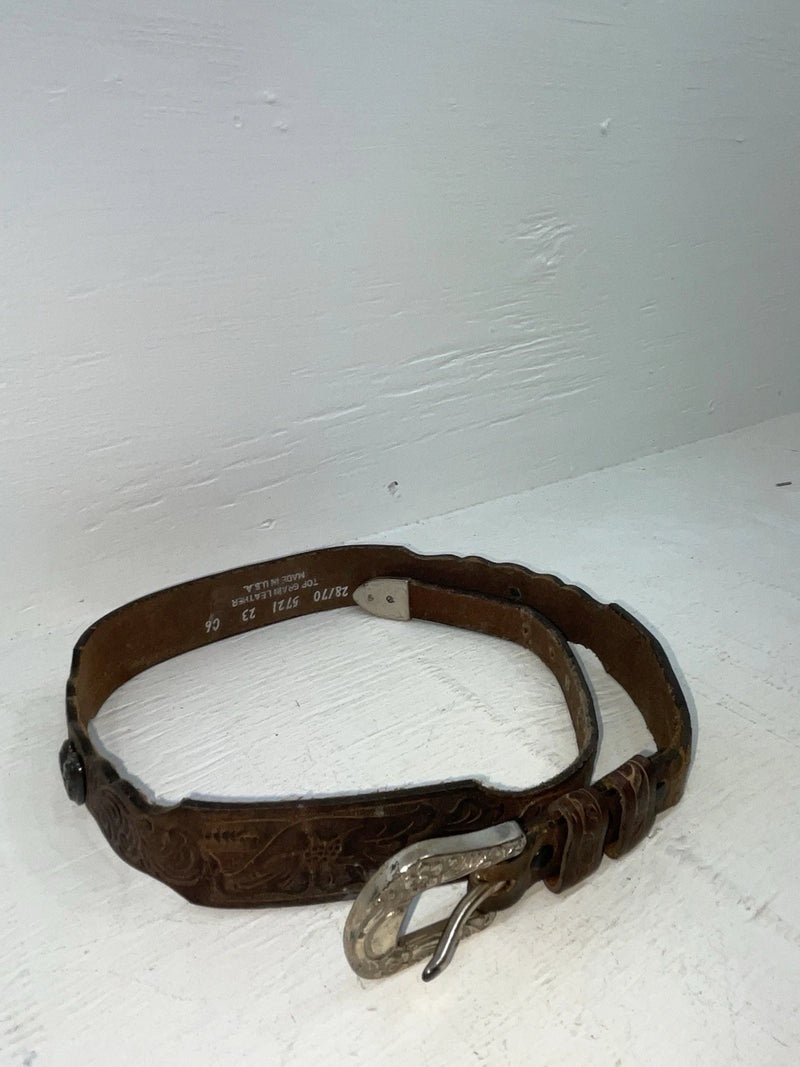 New Brown Genuine Leather Tooled And Silver Pendent 28” Belt #5721 NN-15