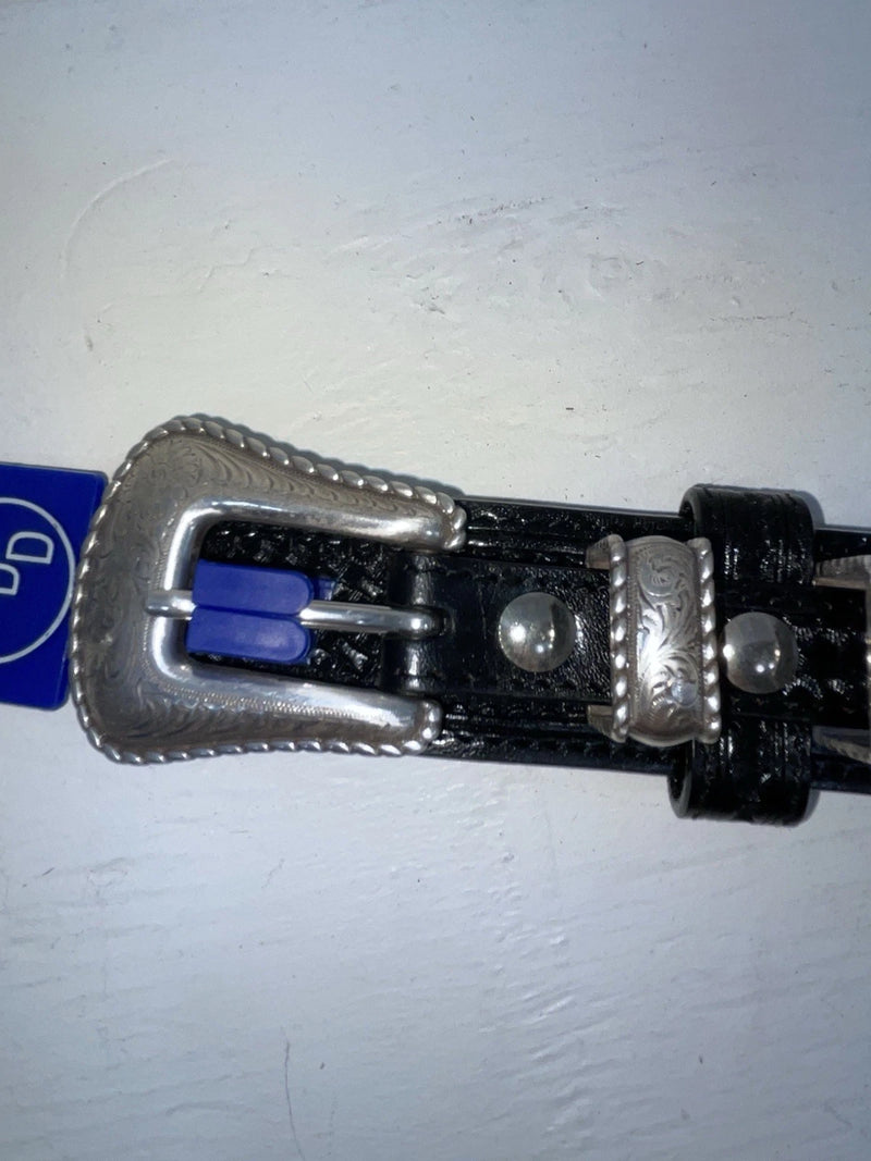 New Black Genuine Leather 3D Silver Pendent And Tooled 32” Belt #2030 JJ-4
