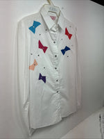 New Women’s H Bar C White Deigned Long Sleeve Pearl Snap Size 10 KK-32