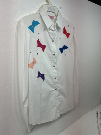 New Women’s H Bar C White Deigned Long Sleeve Pearl Snap Size 10 KK-32