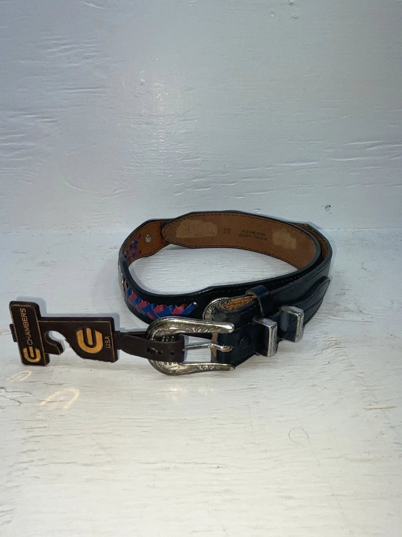 New Black Genuine Leather Chambers Weave And Silver Pendent 32” Belt Z-111