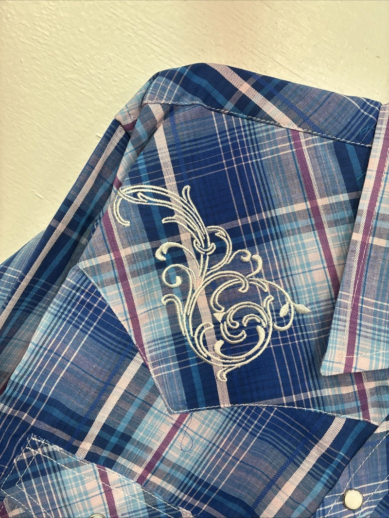 New Women’s Cumberland Blue Purple Plaid Long Sleeve Pearl Snap XL GG-81