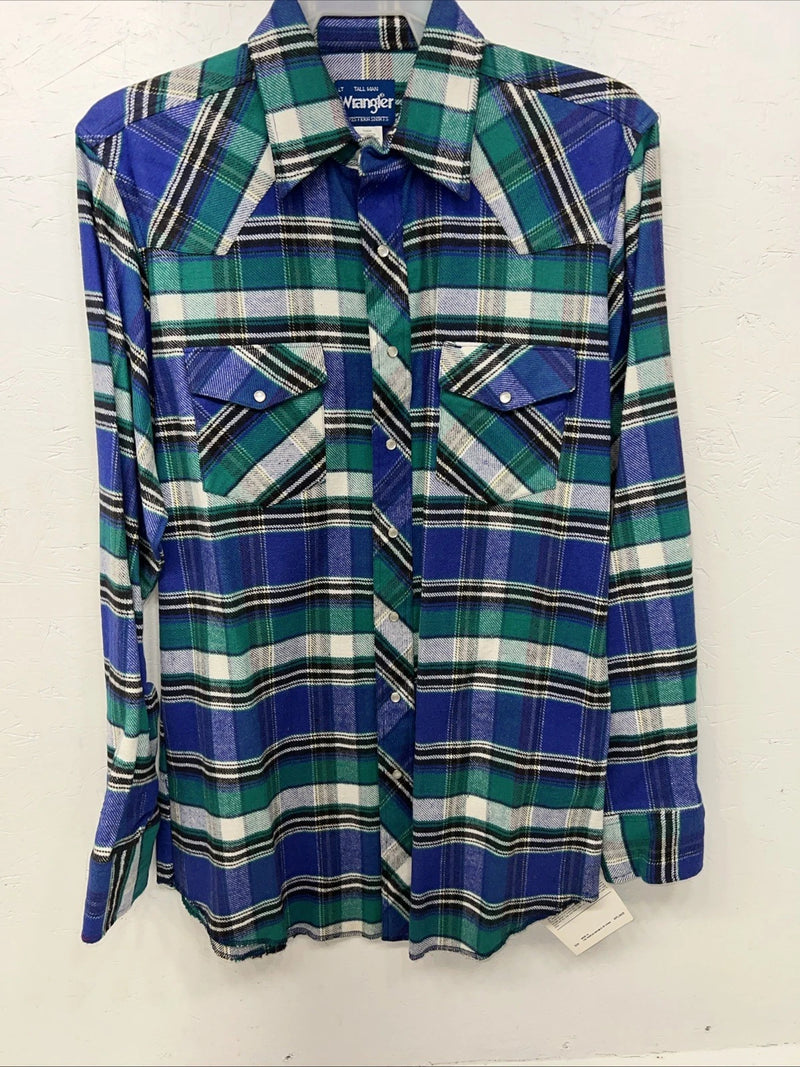 New Men’s Blue Green Plaid Wrangler Pearl Snap Long Sleeve Shirt L Tall P-70