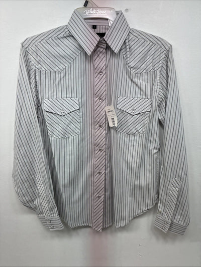 New Women’s White Horse Gray Stripe Long Sleeve Pearl Snap Small DD-117