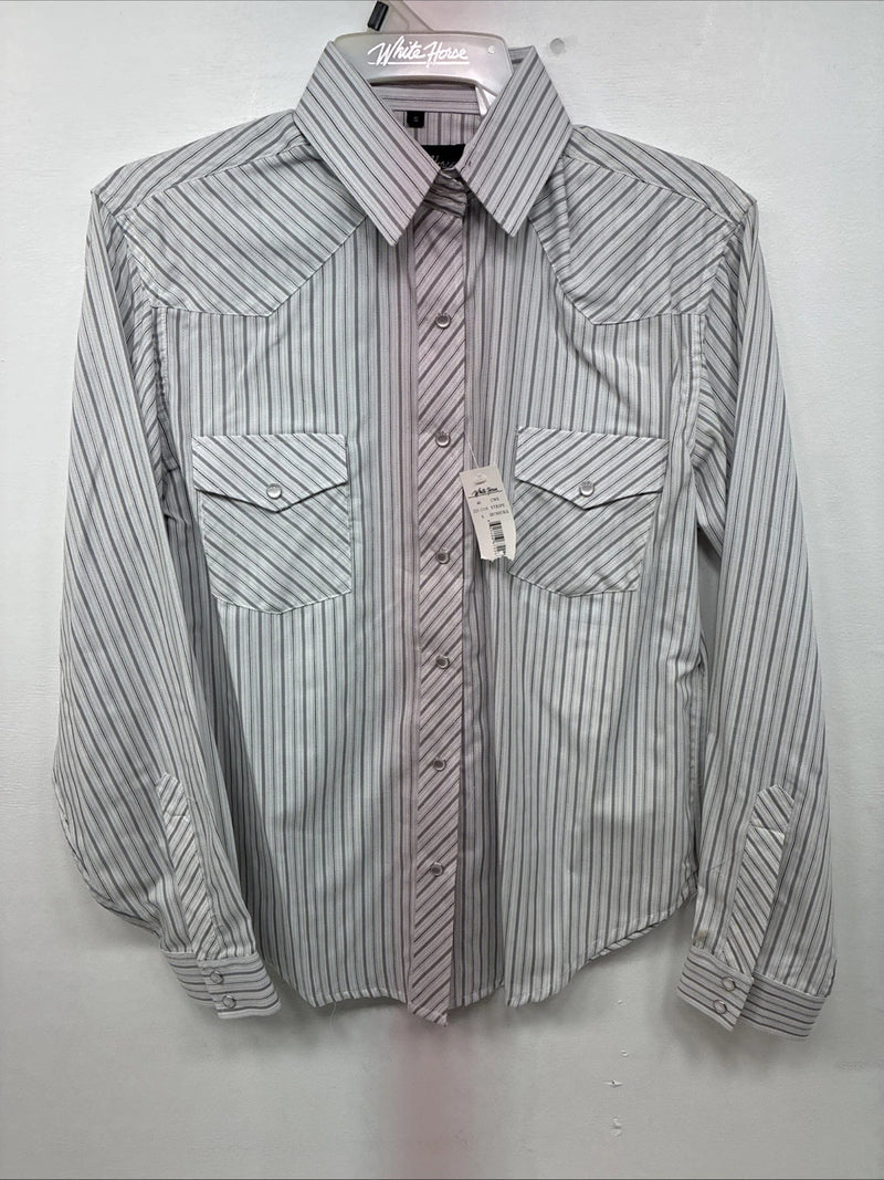 New Women’s White Horse Gray Stripe Long Sleeve Pearl Snap Small DD-117
