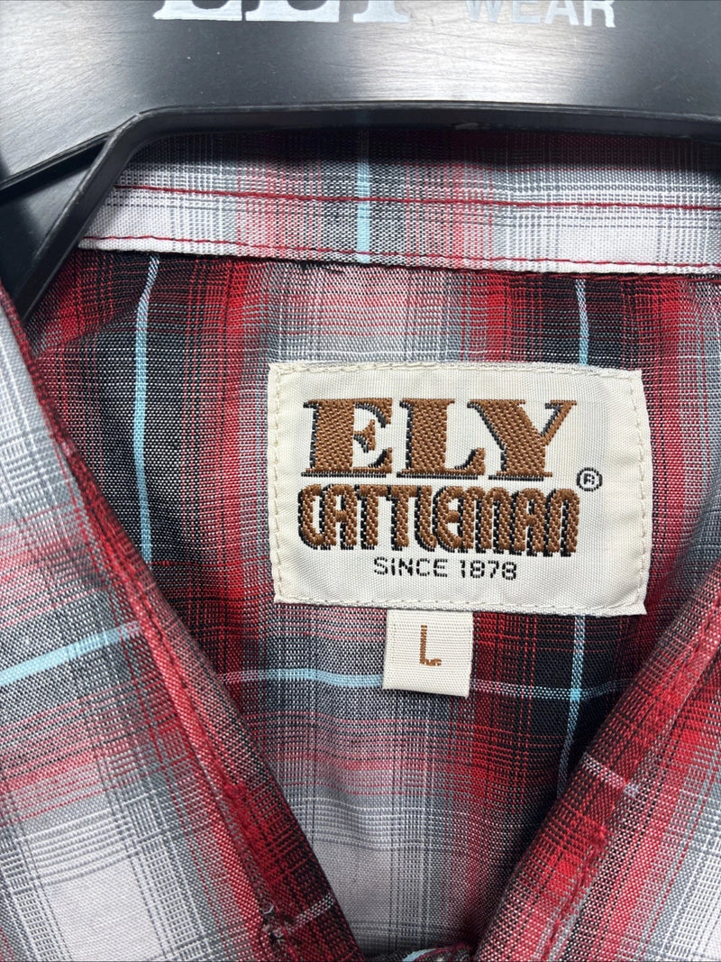 New Men’s ELY Cattleman Red Gray Plaid Short Sleeve Pearl Snap Large X-21