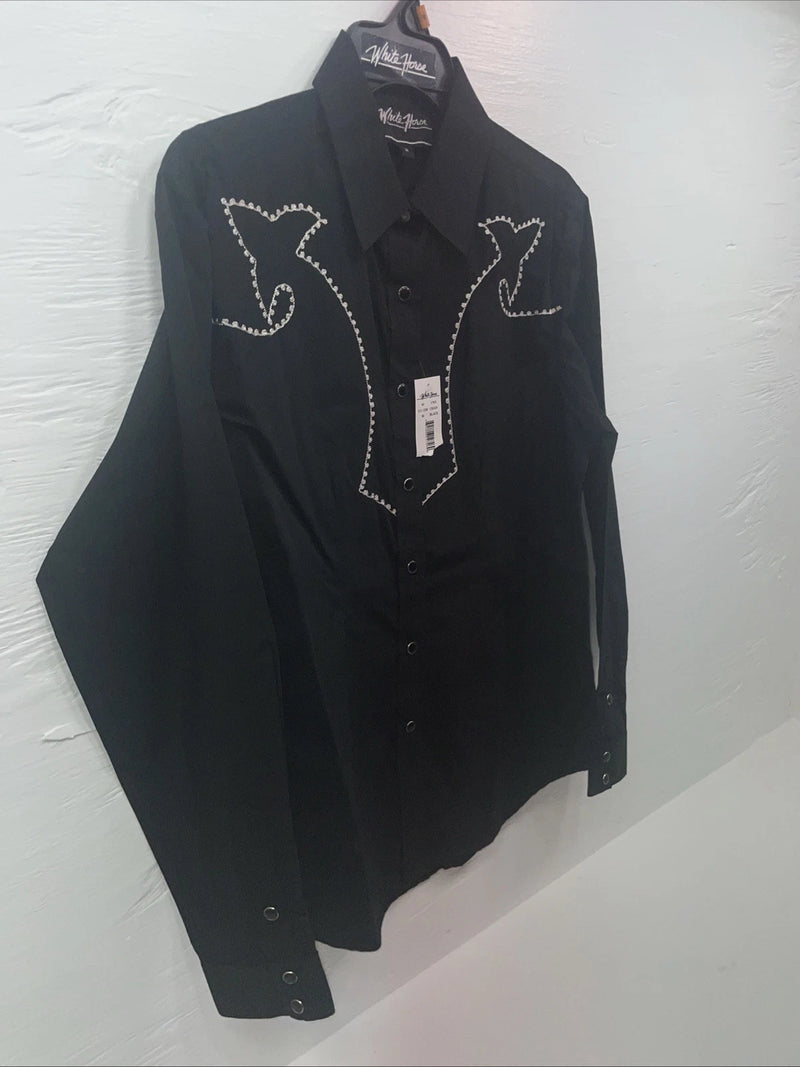 New Men’s White Horse Black Long Sleeve Pearl Snap Medium B-101