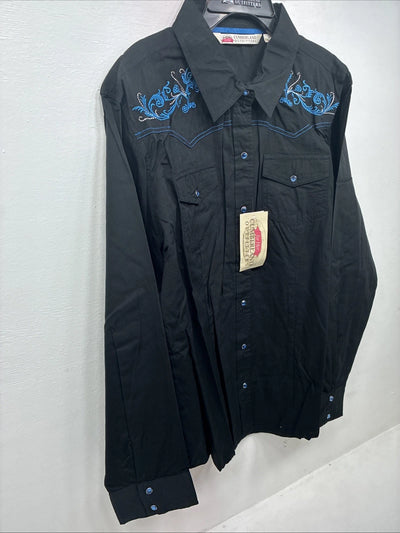 New Women’s Cumberland Black Blue Design Long Sleeve Pearl Snap 2XL GG-35