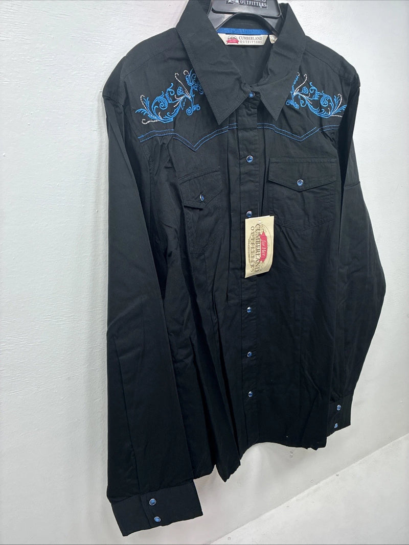 New Women’s Cumberland Black Blue Design Long Sleeve Pearl Snap 2XL GG-35