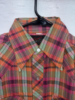 New Men’s Champion Western Orange Pink Plaid Long Sleeve Pearl Snap Small AA-88 
