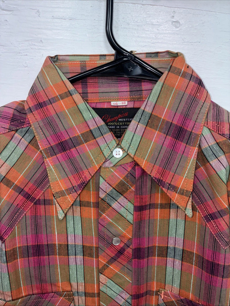 New Men’s Champion Western Orange Pink Plaid Long Sleeve Pearl Snap Small AA-88 