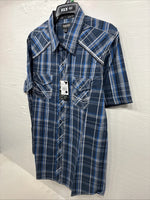 New Men’s ELY 1878 Blue Gray Plaid Short Sleeve Pearl Snap XL O-71