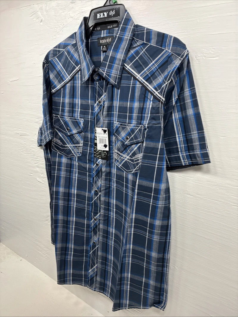 New Men’s ELY 1878 Blue Gray Plaid Short Sleeve Pearl Snap XL O-71