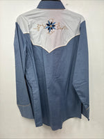 New Women’s ELY 1878 Blue Deigned Long Sleeve Pearl Snap Medium II-68