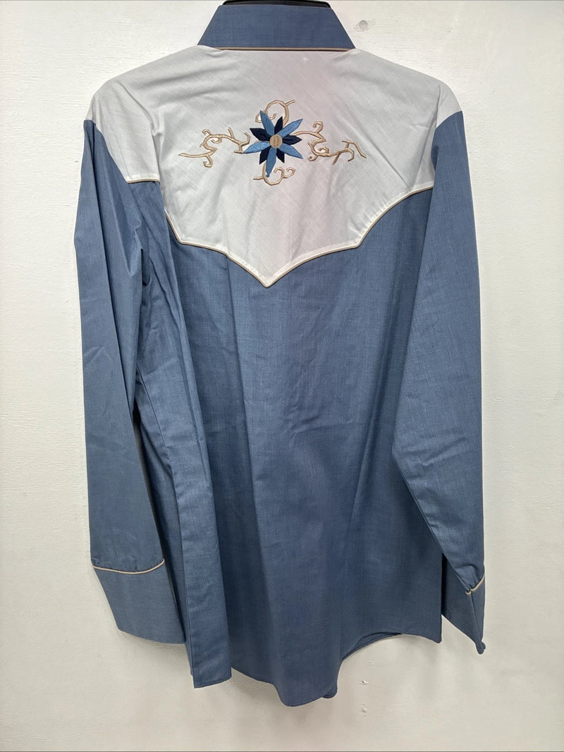 New Women’s ELY 1878 Blue Deigned Long Sleeve Pearl Snap Medium II-68