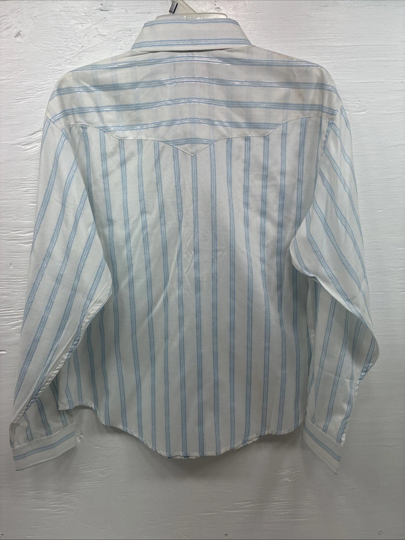 New Womens White Horse White Blue Stripe Long Sleeve Pearl Snap Large V-69