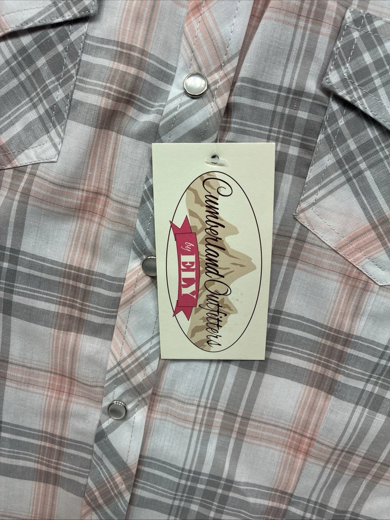 New Women’s Cumberland Pink Gray Plaid Short Sleeve Pearl Snap Large GG-77