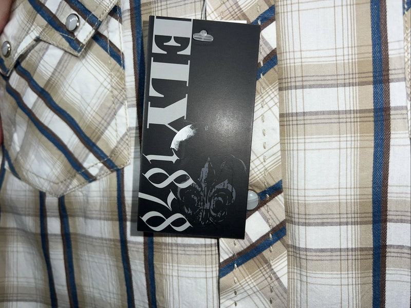 New Men’s Tan Plaid ELY 1878 Long Sleeve Pearl Snap Shirt. Large P-72