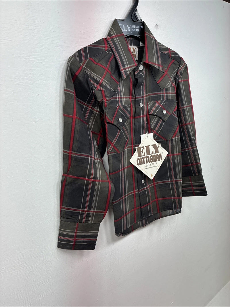 New Boys ELY Cattleman Green Plaid Long Sleeve Pearl Snap XS DD-128