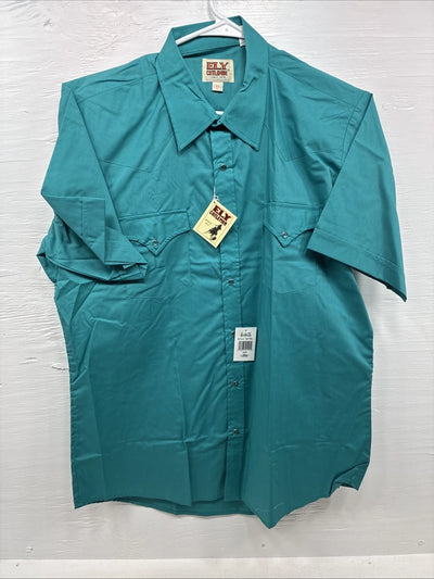 New Men’s ELY Cattleman Teal Western Short Sleeve Pearl Snap 16.5 Large T-52