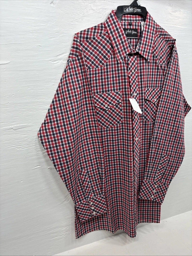 New Men’s White Horse Red Plaid Long Sleeve Pearl Snap XL J-25