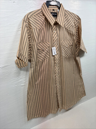 New Men’s White Horse Yellow Black Stripe Short Sleeve Pearl Snap XL T-10