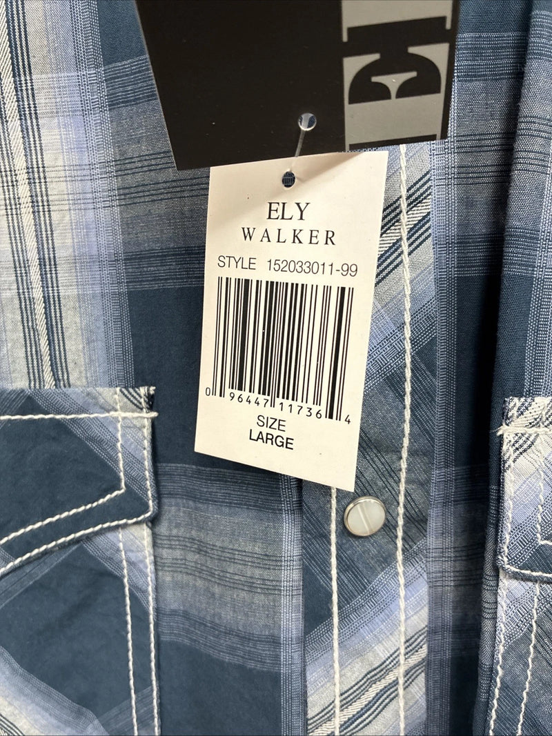 New Men’s ELY 1878 Blue Gray Plaid Long Sleeve Pearl Snap Large V-30 