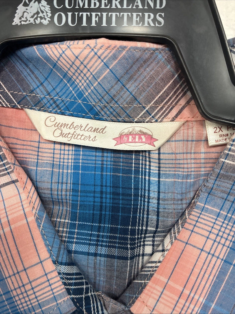 New Women’s Cumberland Pink Blue Plaid Long Sleeve Pearl Snap 2XL GG-80