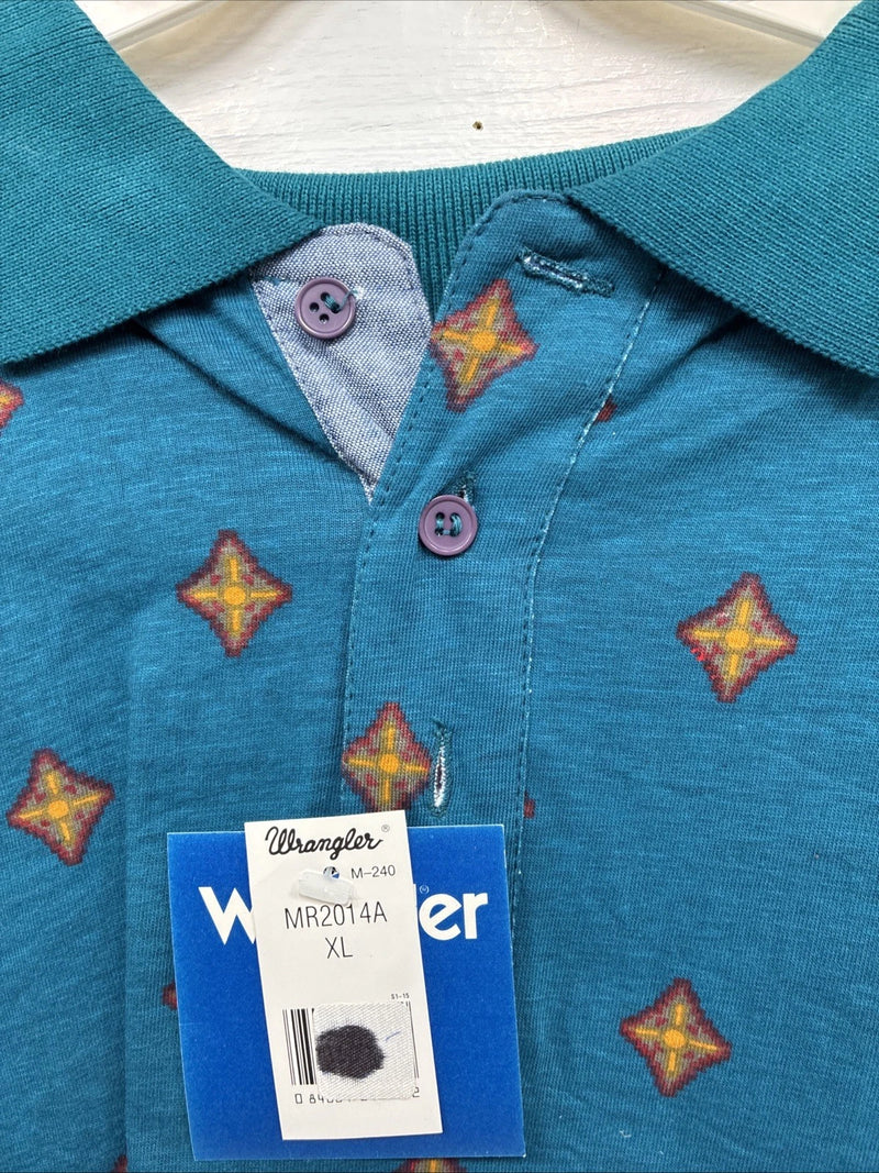New Men’s Wrangler Teal Designed Short Sleeve Polo Short XL J-32