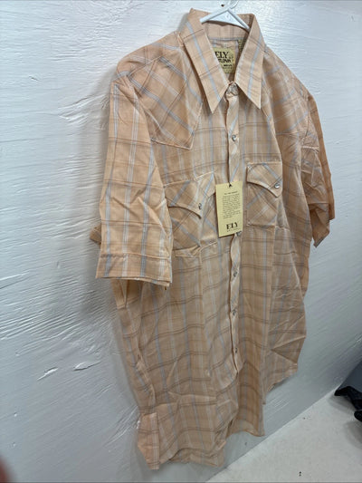 New Men’s ELY Cattleman Orange Plaid Short Sleeve Pearl Snap Large CC-68