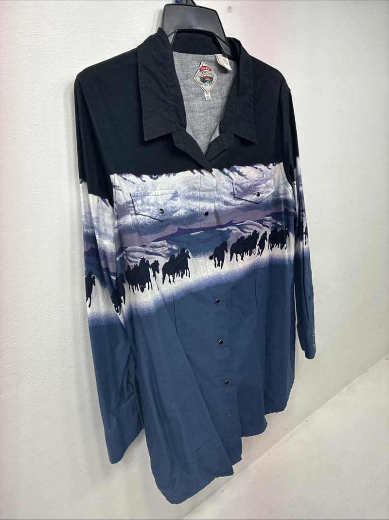 New Women’s Cumberland Multicolor Horse Design Long Sleeve Pearl Snap 2XL GG-42