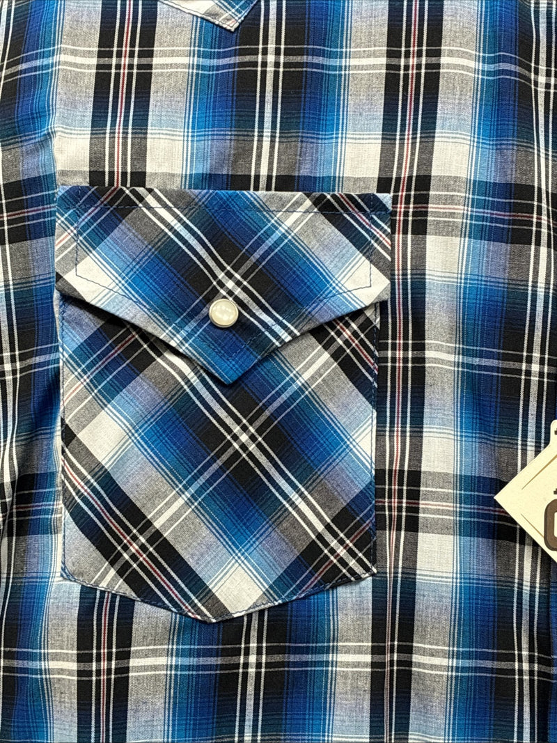 New Men’s ELY Cattleman Blue Western Flannel Short Sleeve Pearl Snap 4XL E-73