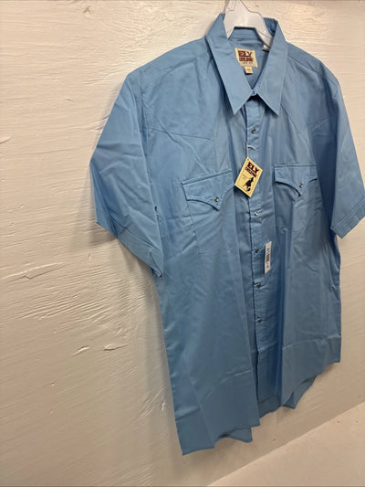 New Men’s ELY Cattleman Western Blue Short Sleeve Pearl Snap 16.5 Large X-18
